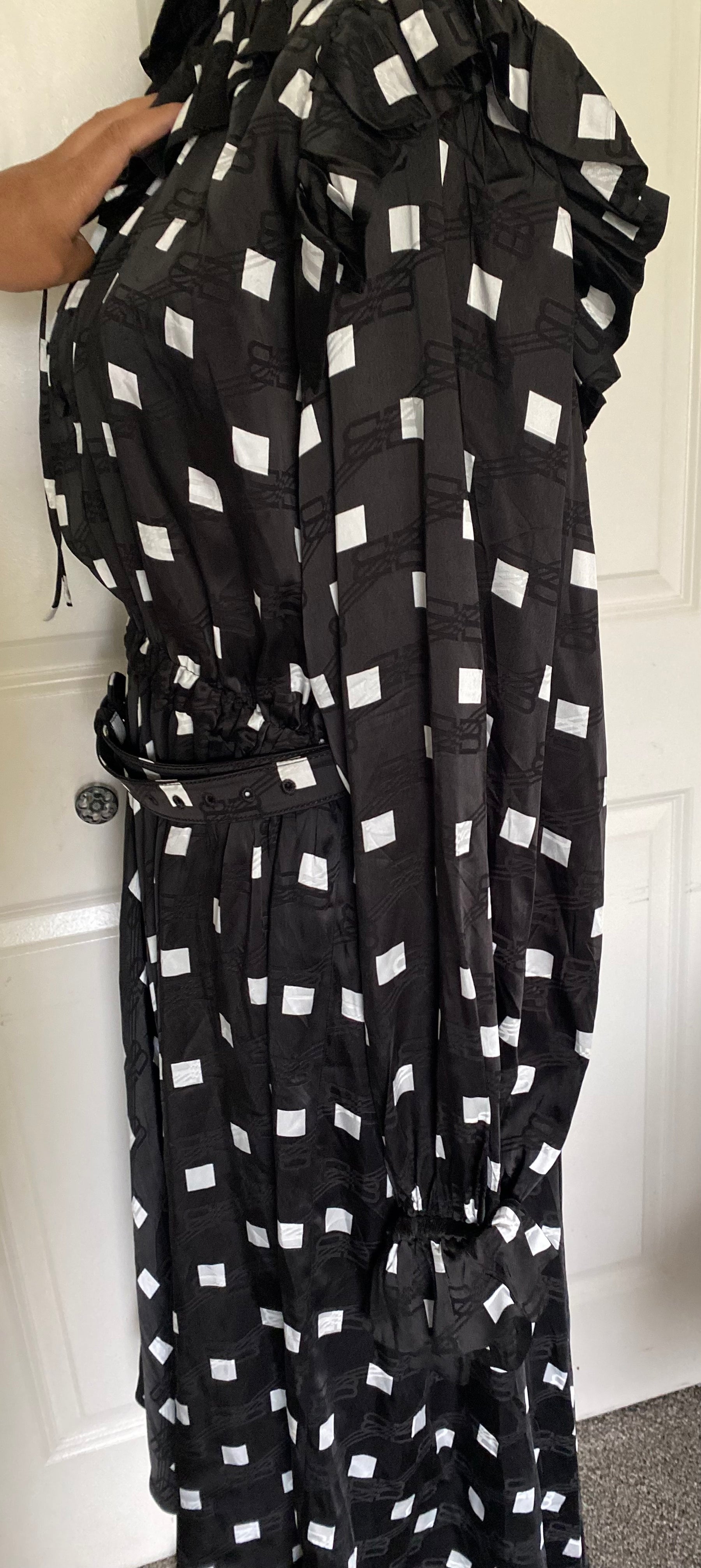 Balenciaga Monogram Polka Cube Satin Midi Dress | Square Dots, Ruffled Details