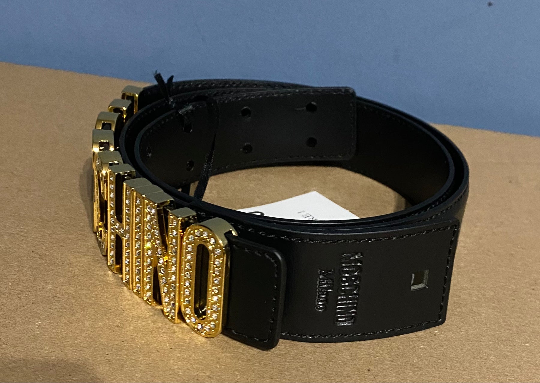 Moschino Crystal Logo Leather Belt 12US/46IT