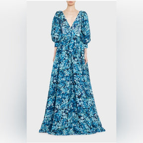 Badgley Mischka Floral Print Puff Sleeve Maxi Gown | Elegant 3D Flower Embellishments