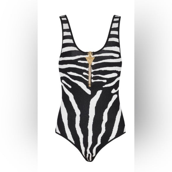 Balmain Zebra-Print Zip-Up Bodysuit