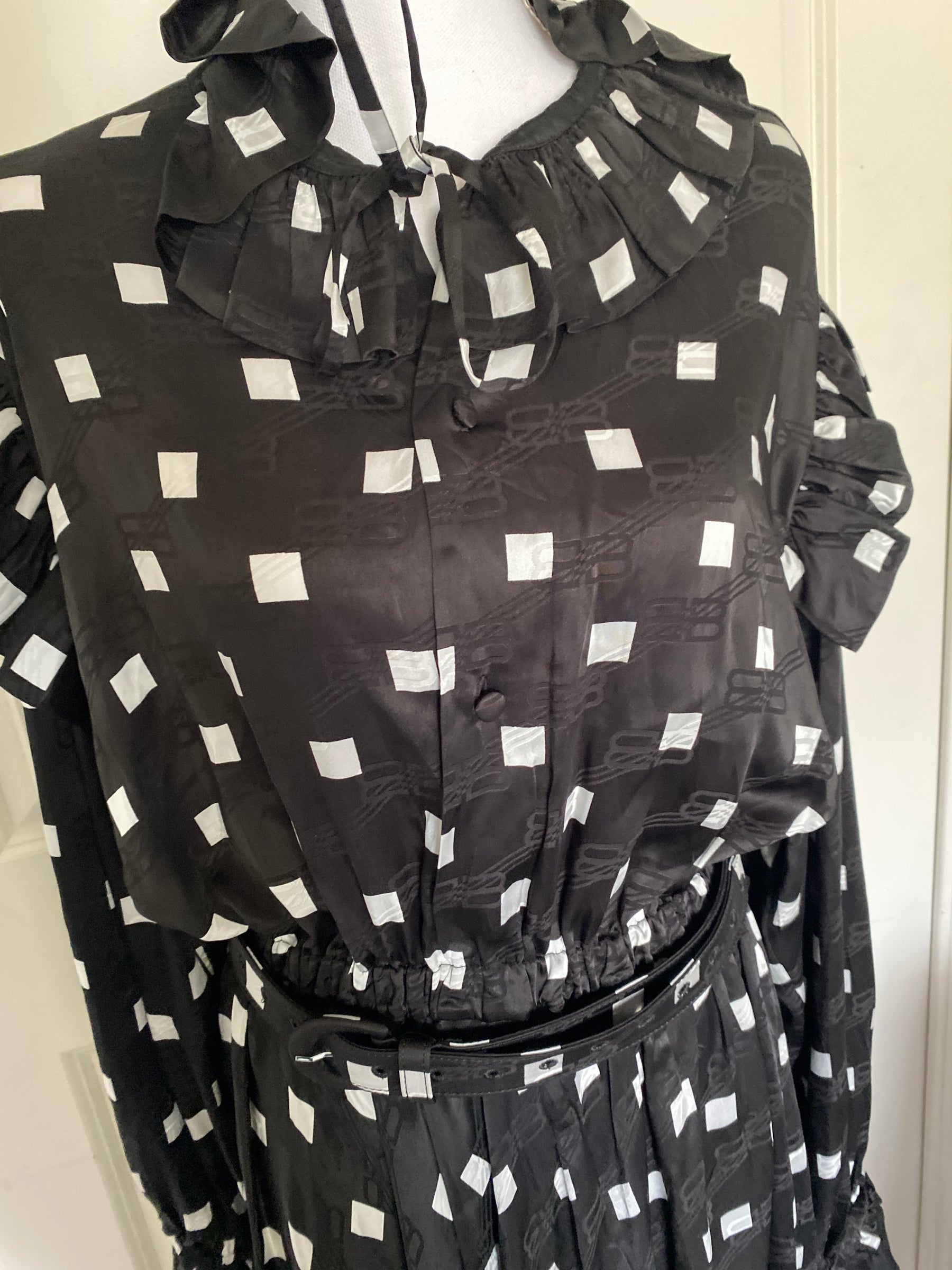 Balenciaga Monogram Polka Cube Satin Midi Dress | Square Dots, Ruffled Details