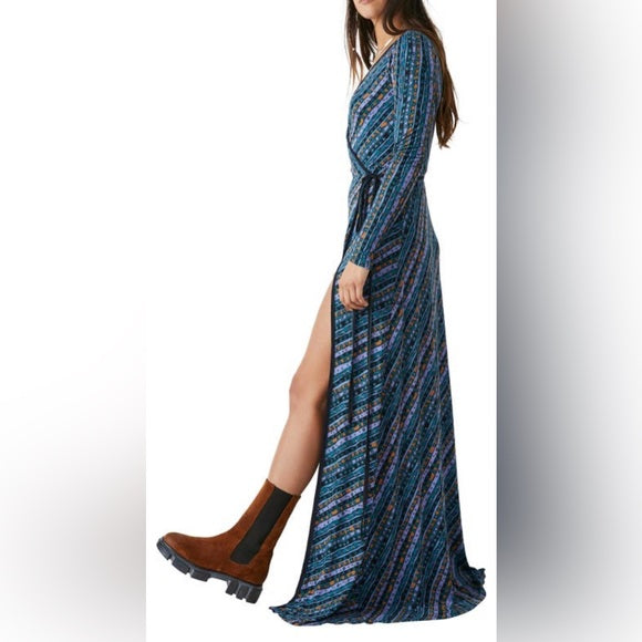 Free People Phoebe Long Sleeve Wrap Dress - Effortless Elegance in Striped Maxi Style
