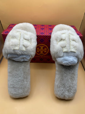 Tory Burch Double T Genuine Shearling Sport Slide Sandals Size 6