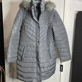 Kenneth Cole New York Women's Gray Quilted Puffer | Stylish Warmth with Faux Fur Hood