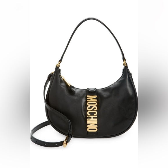 Moschino Logo Leather Hobo Bag | Signature Elegance with Gleaming Logo Letters