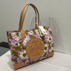 Tory Burch Ella Small Floral Tote Bag | Aster Pink Flower Elegance in Small Nylon Tote