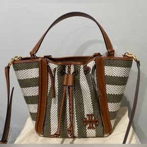 Tory Burch McGraw Stripe Dragonfly Drawstring Satchel | Winged Silhouette with Hidden Front Zippers
