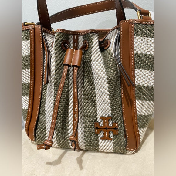Tory Burch McGraw Stripe Dragonfly Drawstring Satchel | Winged Silhouette with Hidden Front Zippers