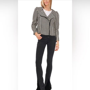 Vince Camuto Houndstooth Puff Shoulder Moto Jacket - Edgy Elegance with a Playful Twist