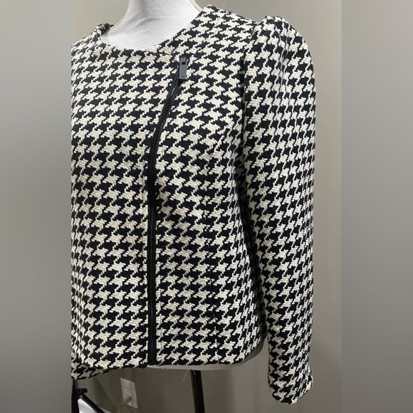 Vince Camuto Houndstooth Puff Shoulder Moto Jacket - Edgy Elegance with a Playful Twist