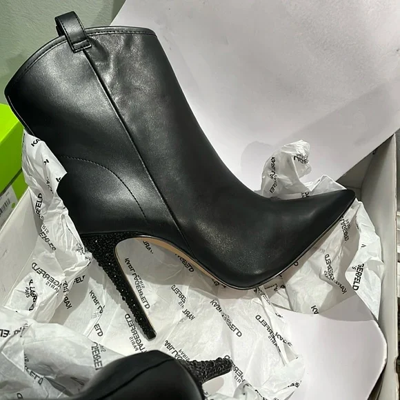 Karl Lagerfeld Paris Clea Black Leather Stiletto Bootie with Glitter Heel