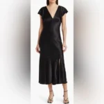 Rails Nat Black Satin Midi Dress Neck Slip Dress