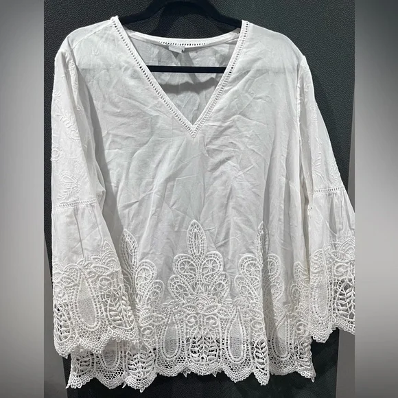 Chico's Women’s Embroidered Lace Cutout V-Neck Top