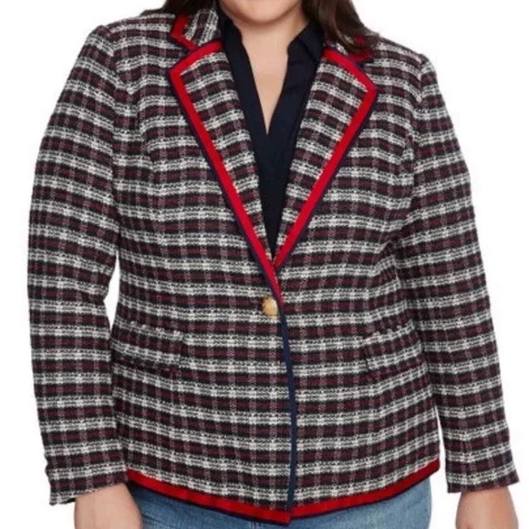 Court & Rowe Plaid Varsity Blazer with Red Grosgrain Trim