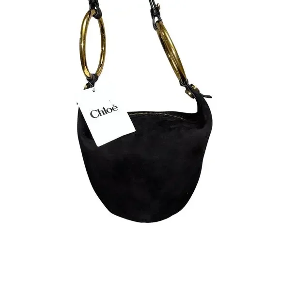 m_wp_6972dbe988849ad1af404e89 Chloé Small Bracelet Handbag in Black Suede - Gold Ring Handle Bag