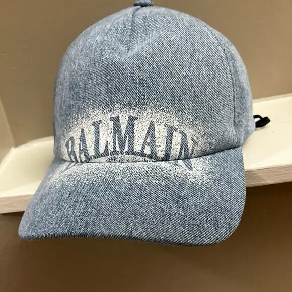 Balmain Paris Logo Denim Cap - Light Blue Faded Jean Hat