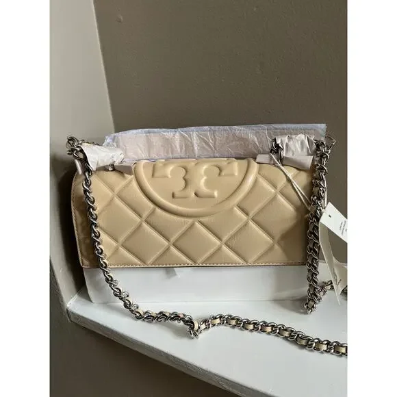 Tory Burch Small Fleming Shoulder Bag in Cream Polished Leather