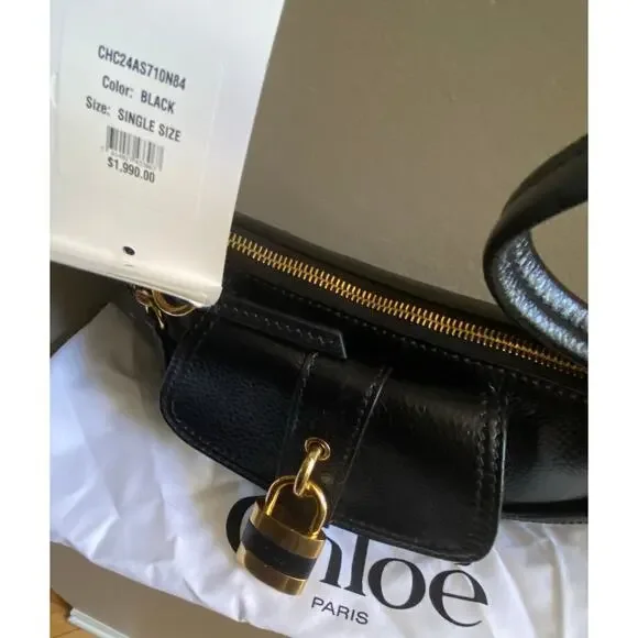 m_wp_697ea28b310f1ceb766b1471 Chloé The 99 Leather Shoulder Bag - Black with Gold Padlock
