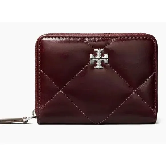 Tory Burch Kira Diamond Quilted Zip-Around Wallet - Black Cherry Leather