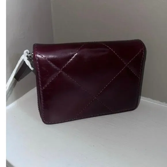 Tory Burch Kira Diamond Quilted Zip-Around Wallet - Black Cherry Leather