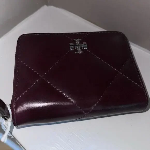 Tory Burch Kira Diamond Quilted Zip-Around Wallet - Black Cherry Leather