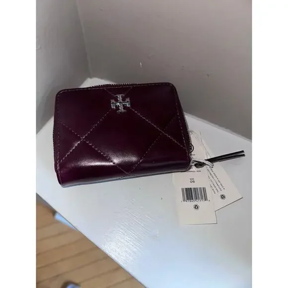 Tory Burch Kira Diamond Quilted Zip-Around Wallet - Black Cherry Leather