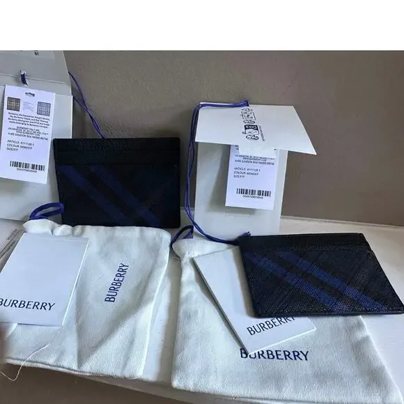 Burberry Navy Tall Check Card Holder - Grained Leather Slim Holder