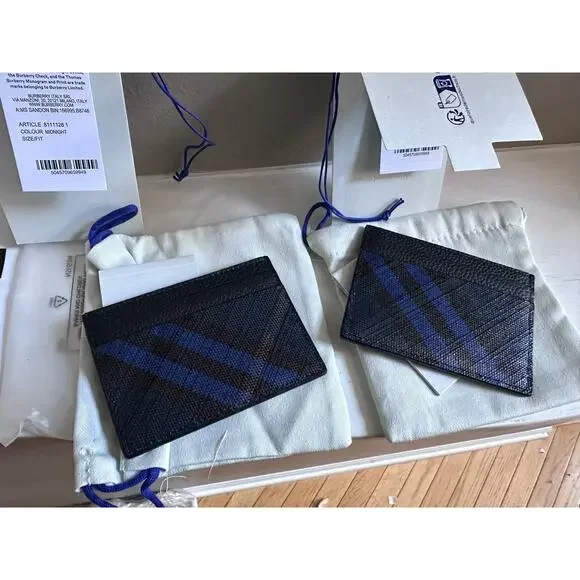 Burberry Navy Tall Check Card Holder - Grained Leather Slim Holder