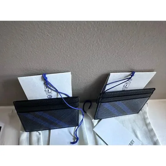 Burberry Navy Tall Check Card Holder - Grained Leather Slim Holder