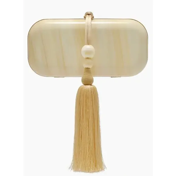 Cult Gaia Yasmin Acrylic Tassel Clutch - Sand Beige Marble