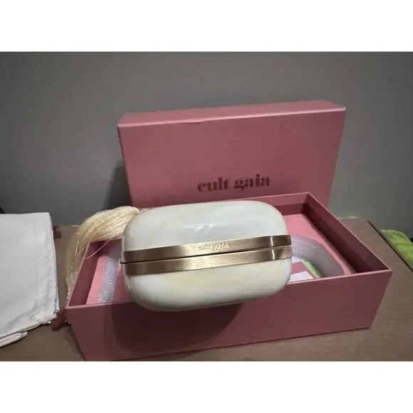 Cult Gaia Yasmin Acrylic Tassel Clutch - Sand Beige Marble