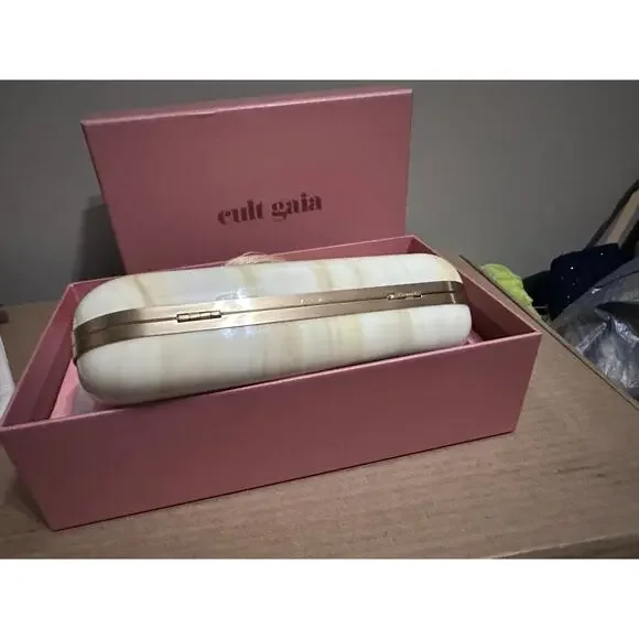 Cult Gaia Yasmin Acrylic Tassel Clutch - Sand Beige Marble