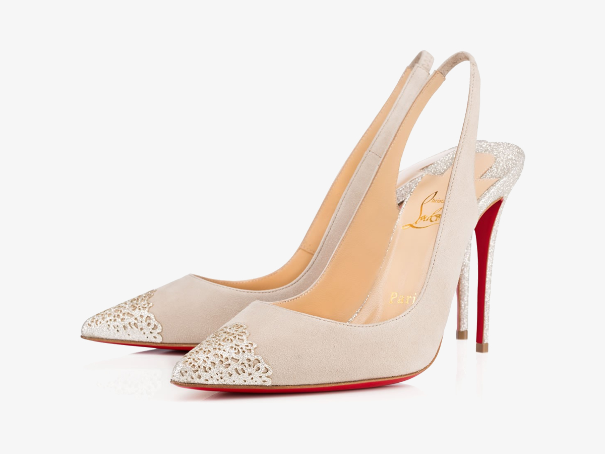 Christian Louboutin beige suede slingback pumps glitter lace toe red sole