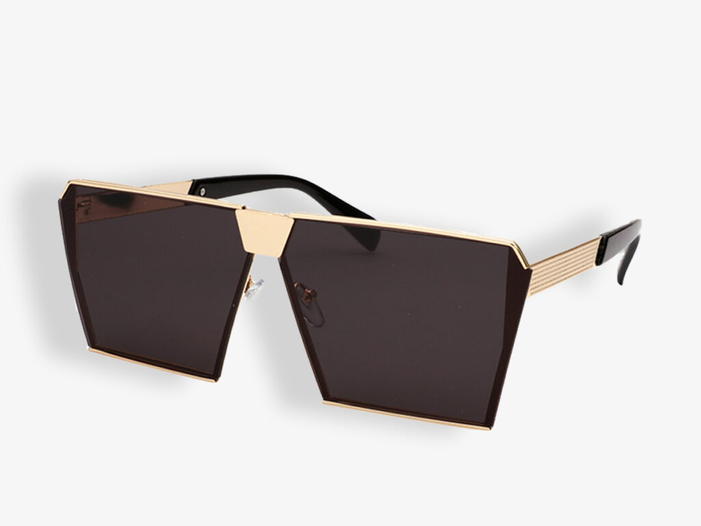 Oversized square sunglasses gold frame dark tinted lenses UV protection