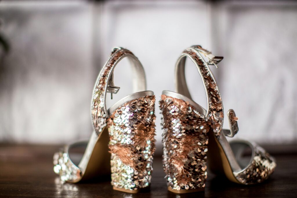 Close-up of shimmering sequin high heel sandals, perfect for fashion and design.